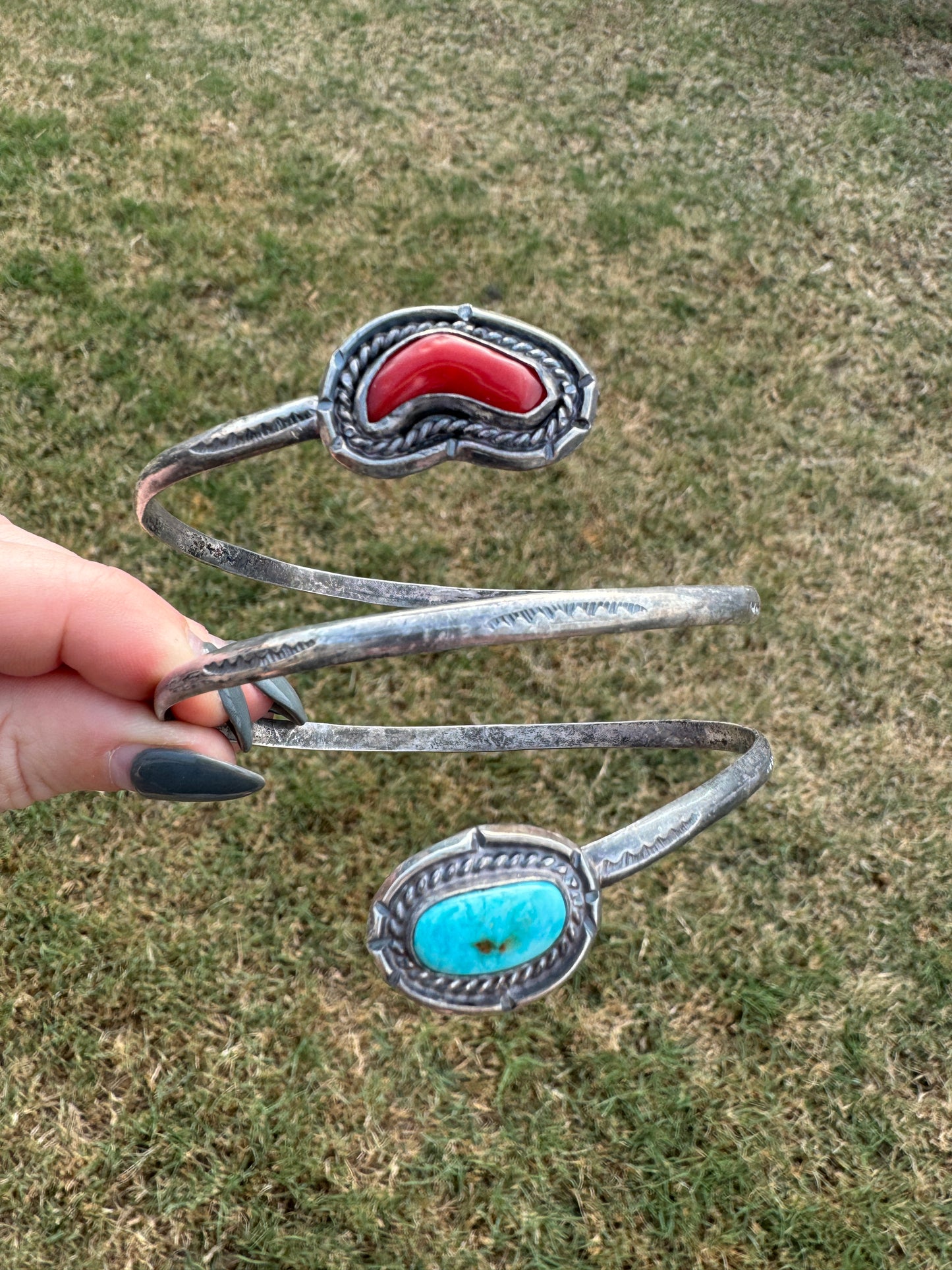 Vintage Sterling Silver Handmade Native American Coral and Turquoise Wrist/Arm Wrap Bracelet