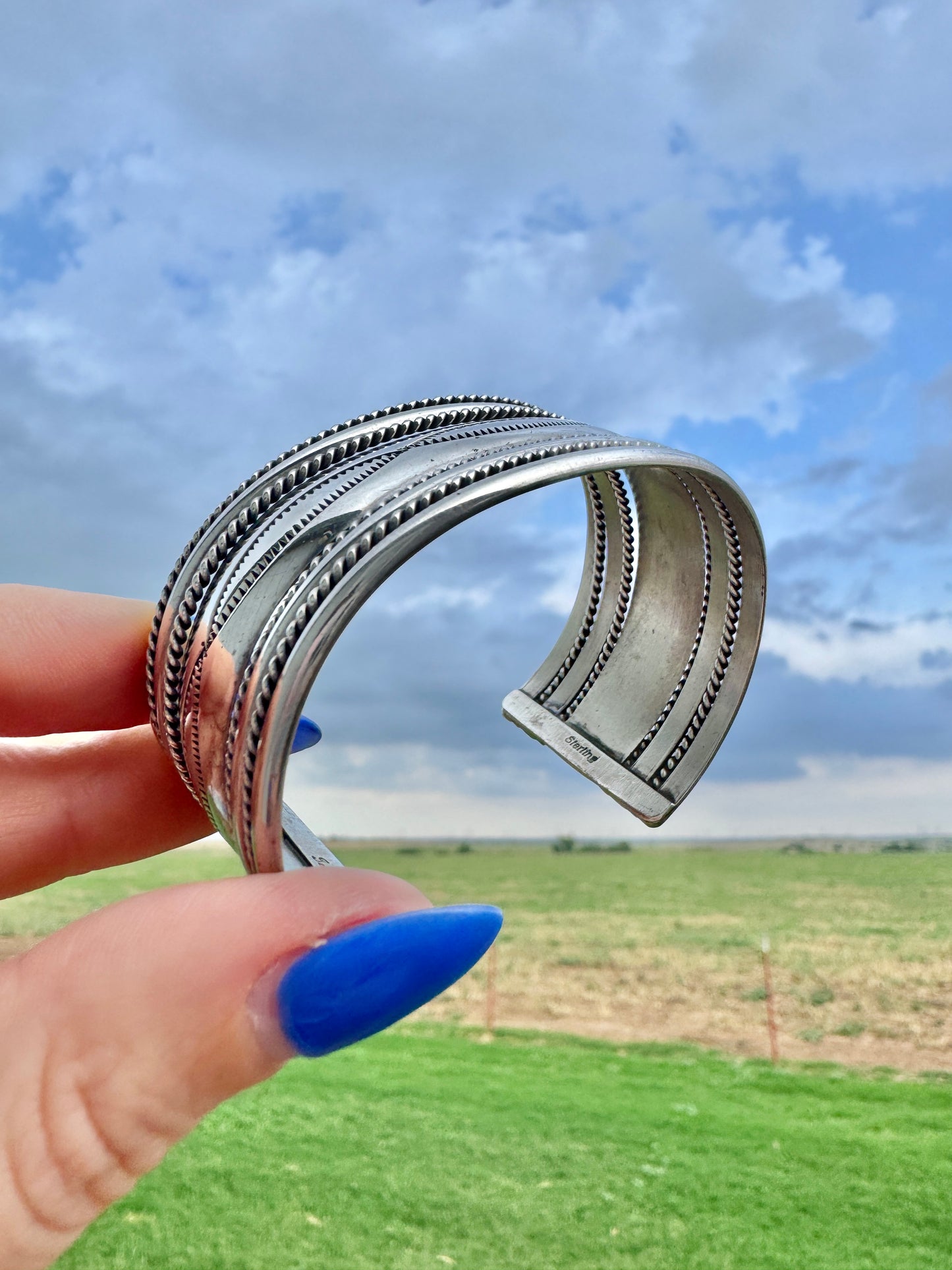 Western Sterling Silver Signed Wide Cuff Bracelet