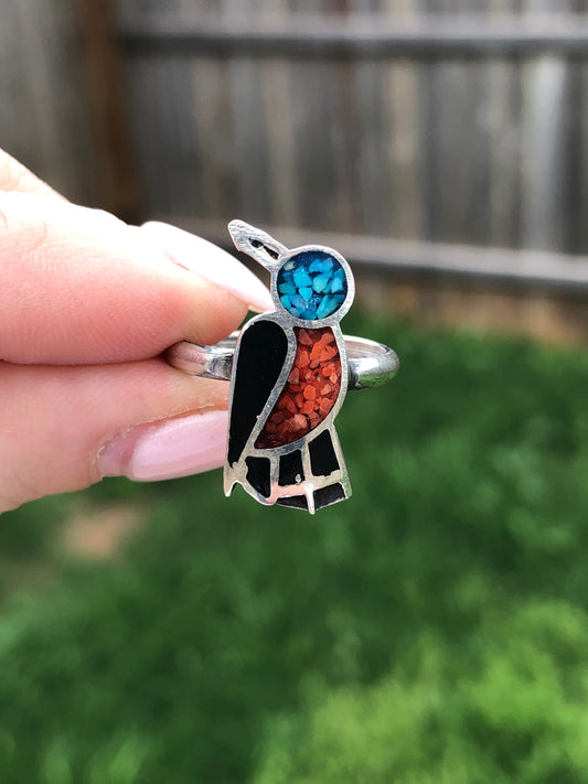 Vintage Sterling Turquoise + Coral Bird Ring