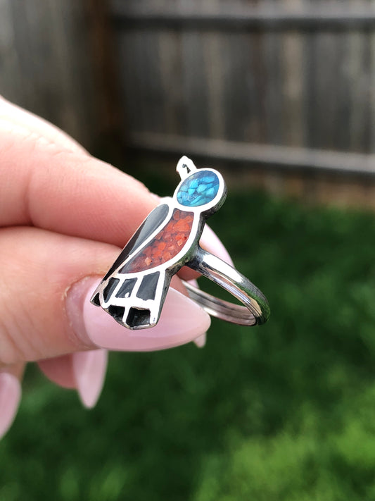 Vintage Sterling Turquoise + Coral Bird Ring