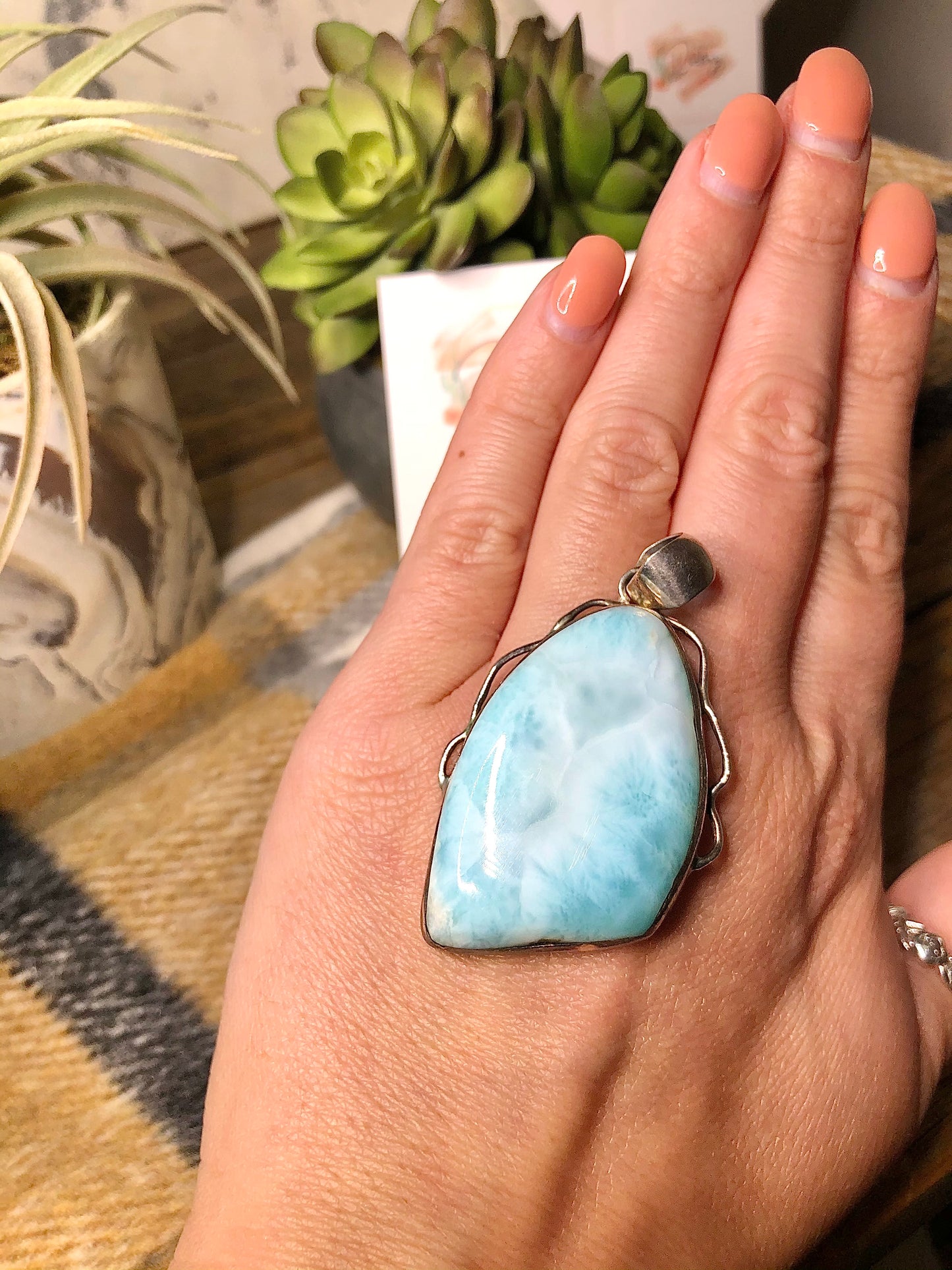 Large Larimar Sterling Blue Agate Pendant