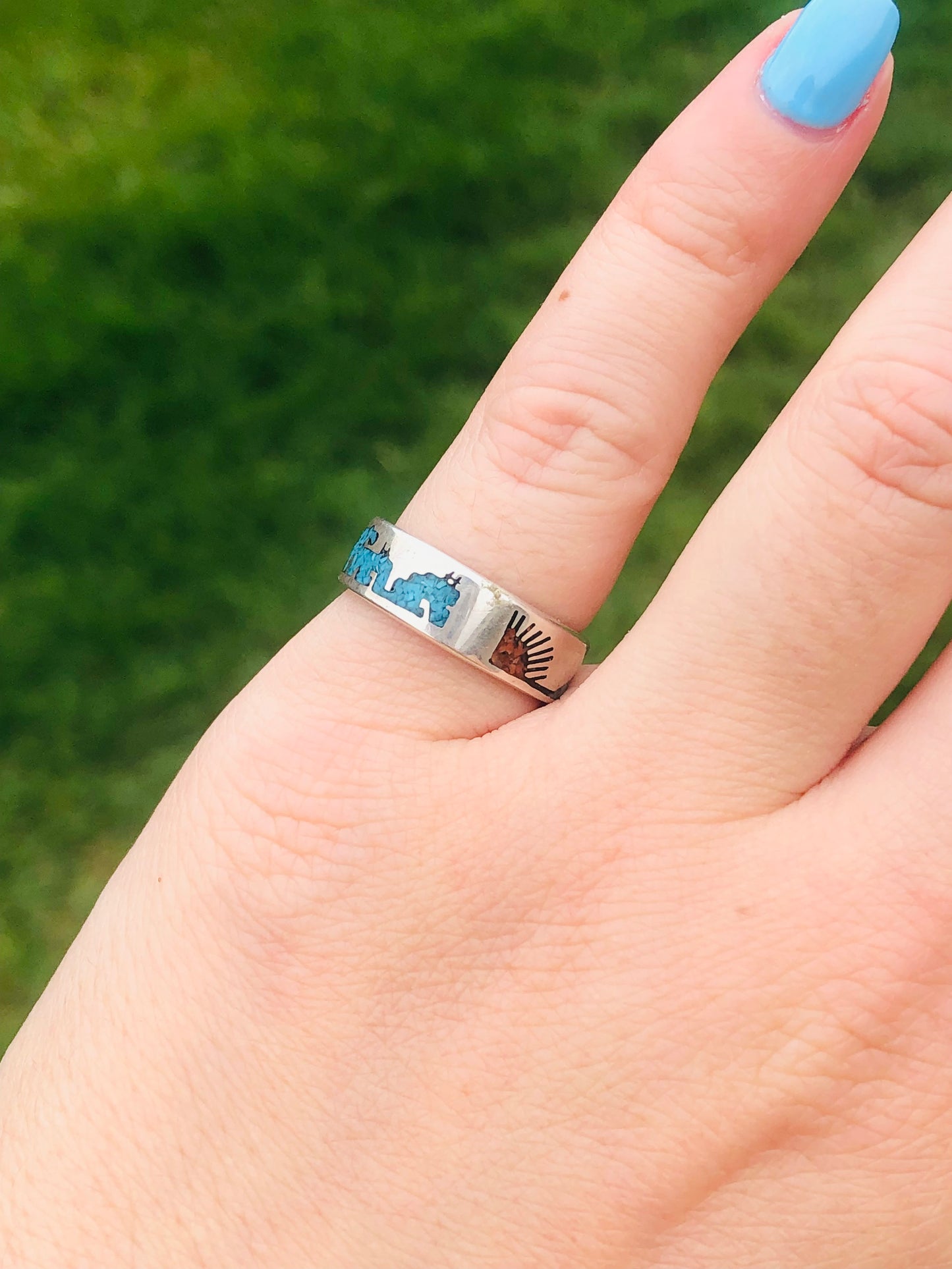 Vintage Sterling Silver Turquoise and Coral Chip Inlay Ring