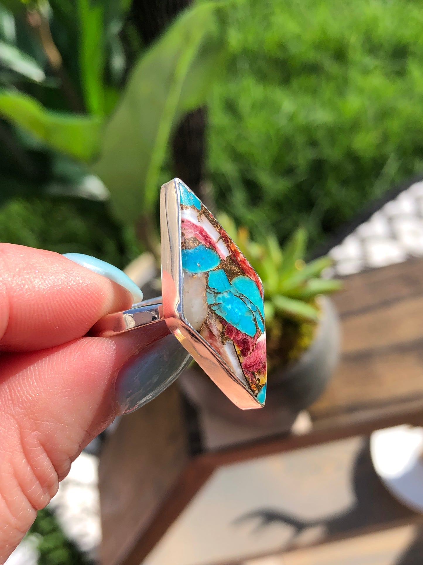 Red Spiny Oyster Turquoise Adjustable Ring