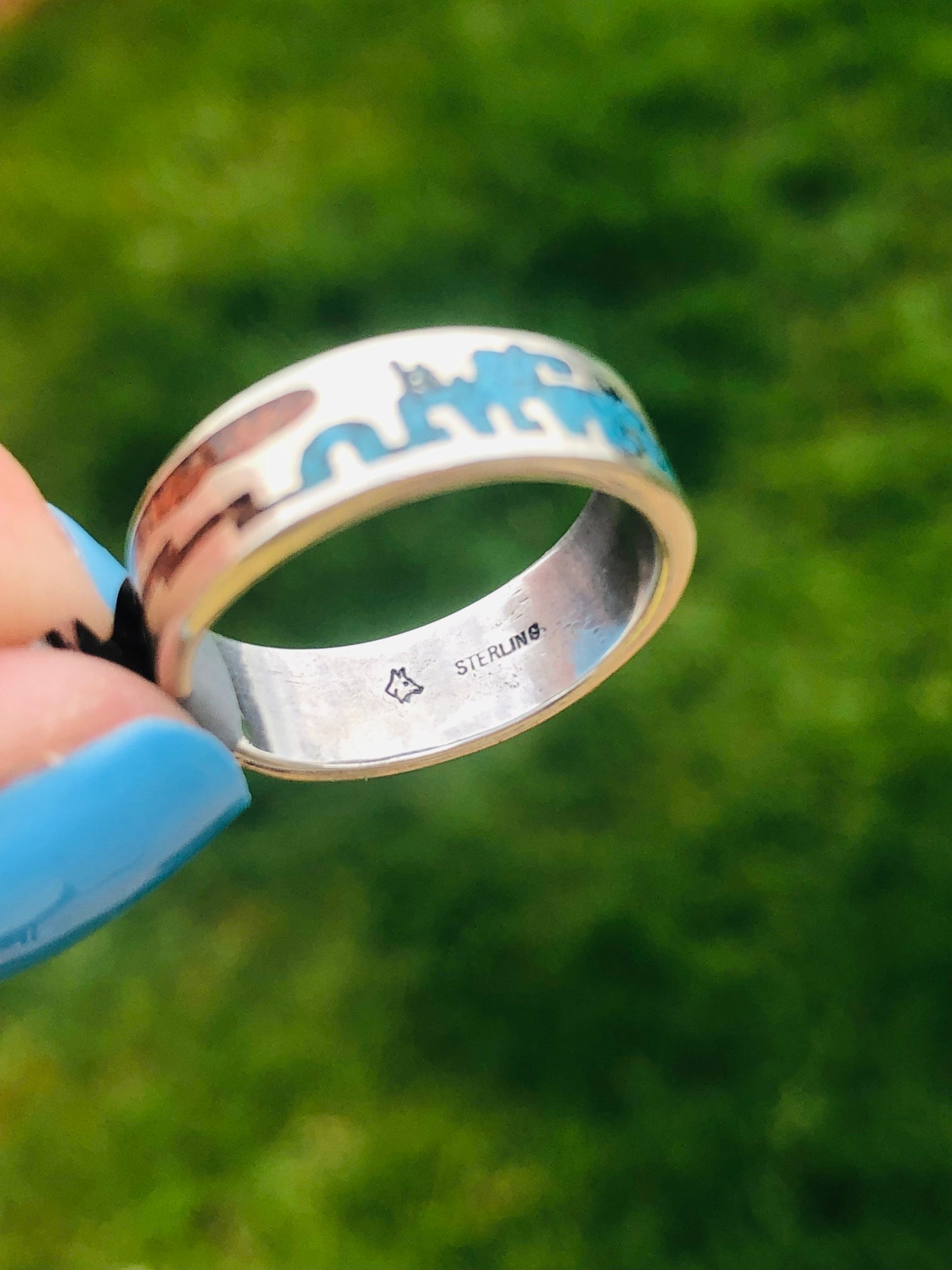 Vintage Sterling Silver Turquoise and Coral Chip Inlay Ring
