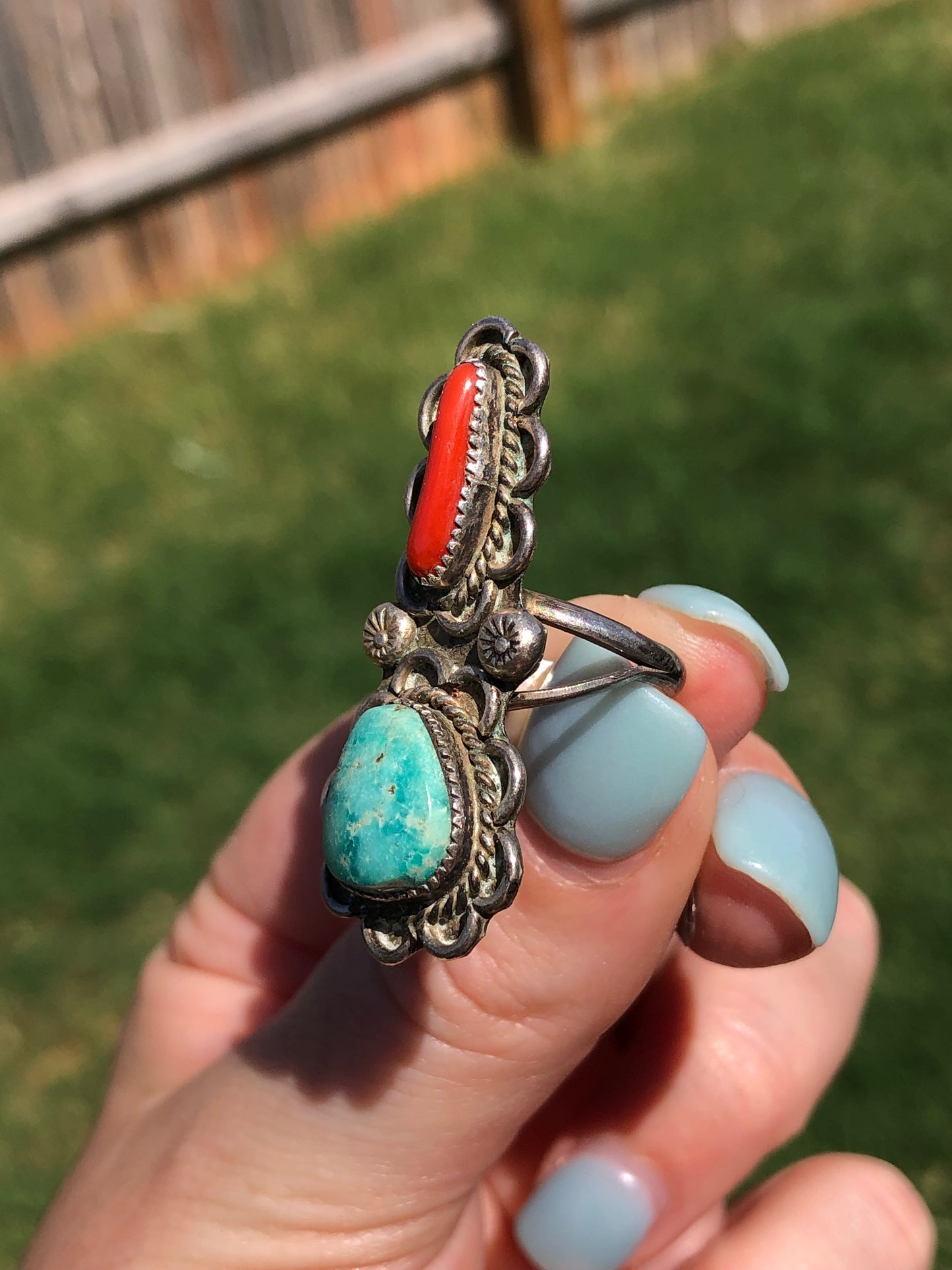 Vintage Sterling Silver Turquoise and Coral Ring