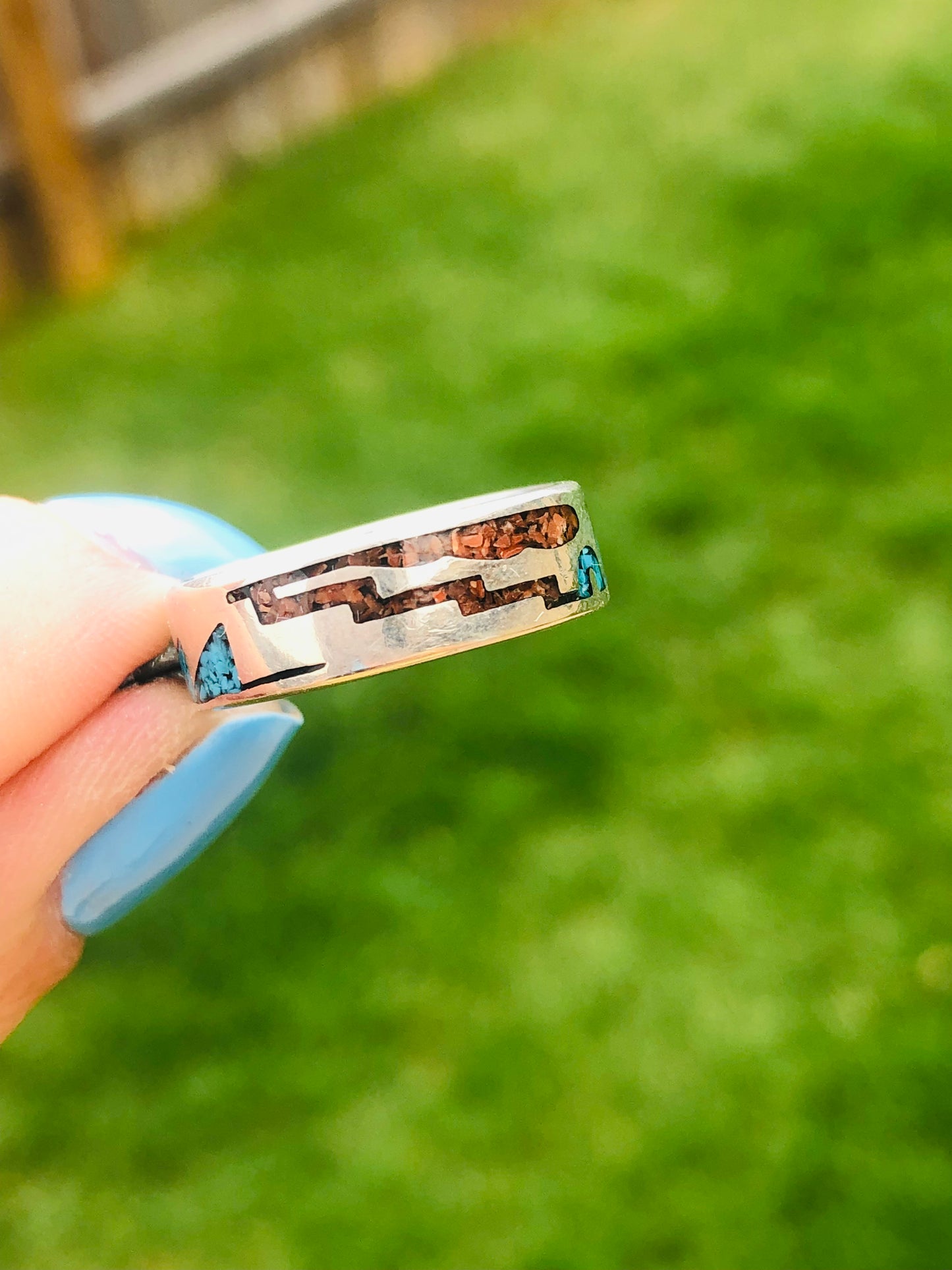Vintage Sterling Silver Turquoise and Coral Chip Inlay Ring