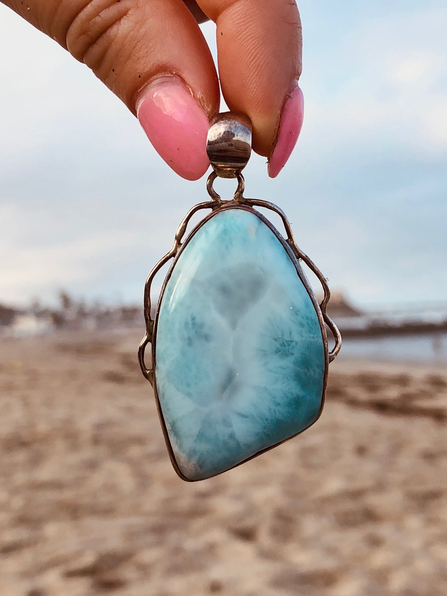 Large Larimar Sterling Blue Agate Pendant