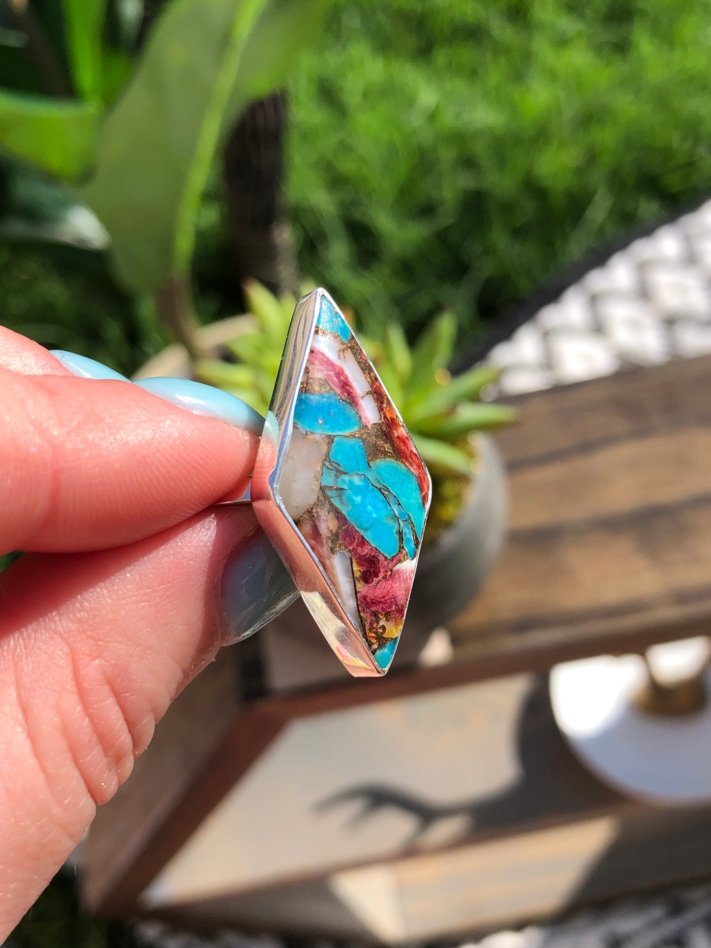 Red Spiny Oyster Turquoise Adjustable Ring