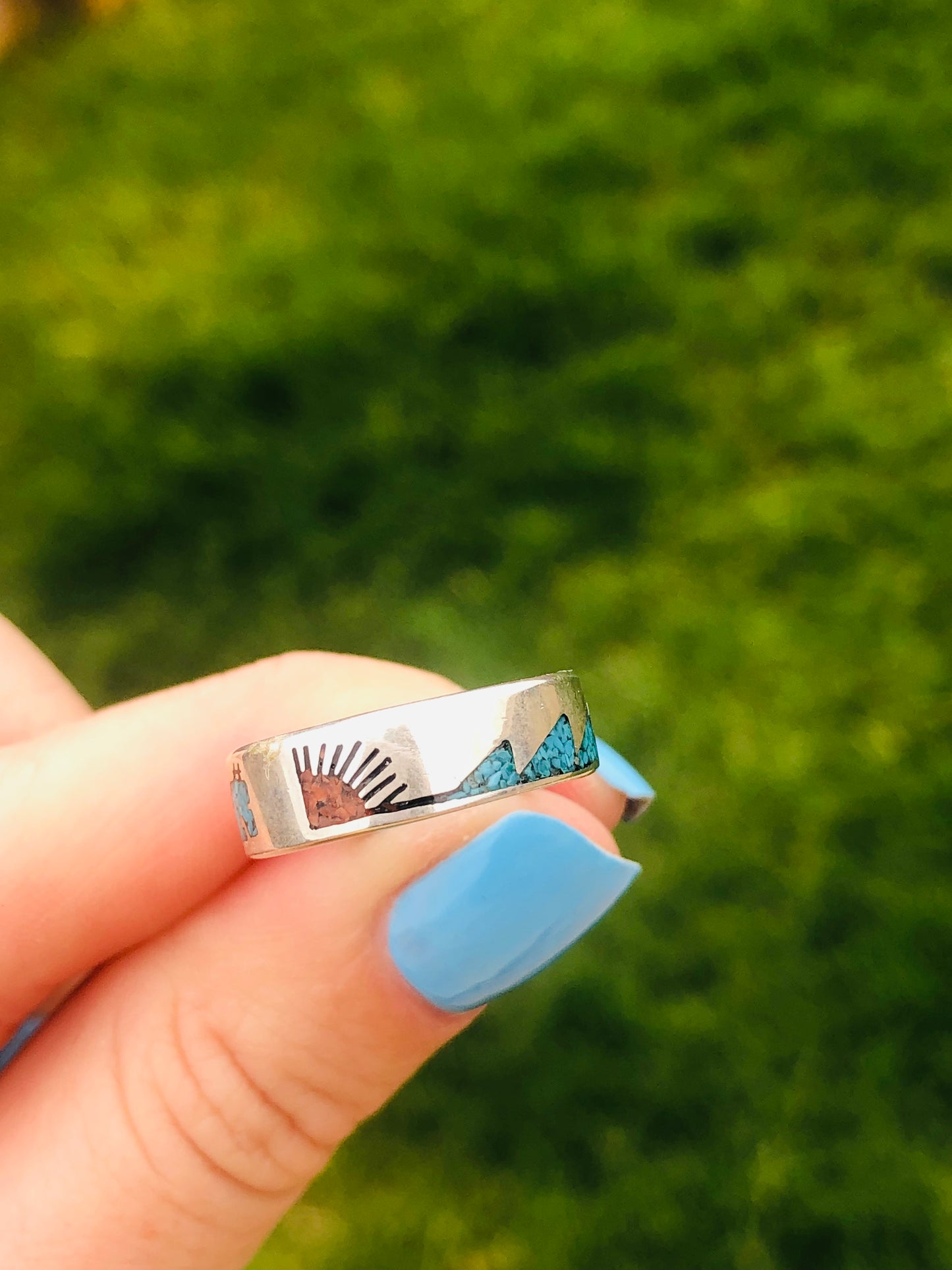 Vintage Sterling Silver Turquoise and Coral Chip Inlay Ring