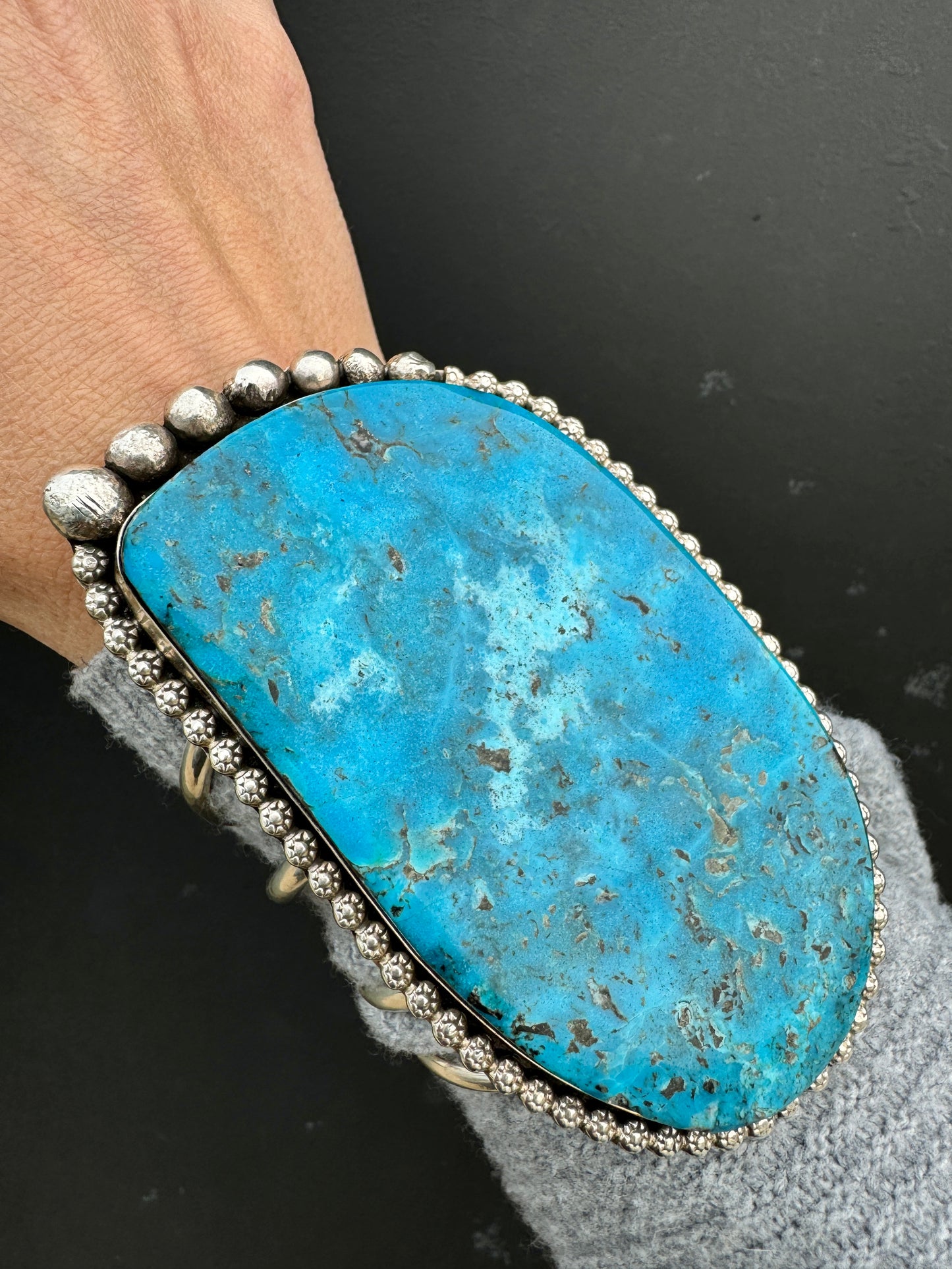 GORGEOUS Large Sterling signed Turquoise Slab Cuff Bracelet