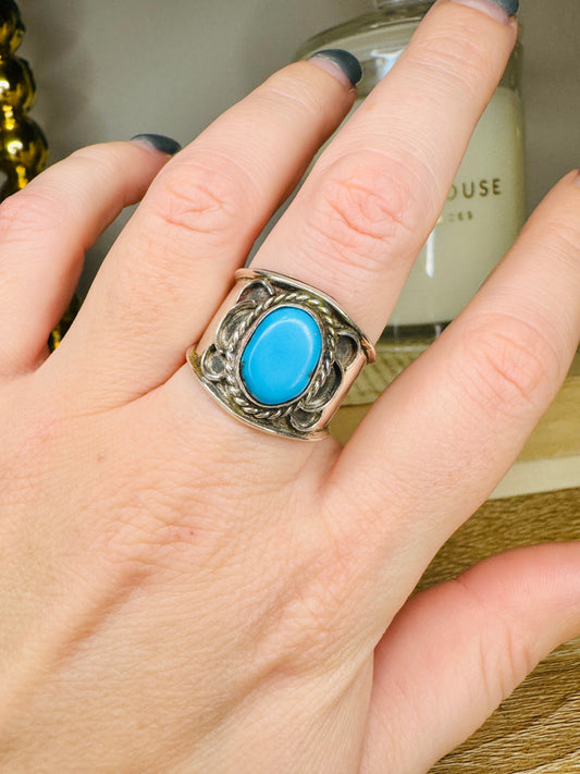 Vintage Sterling Silver Wide Turquoise Band Ring