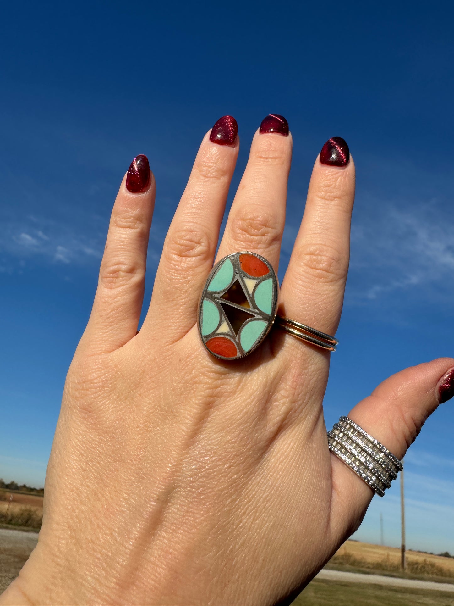 Large Vintage Sterling Native Inlay Ring