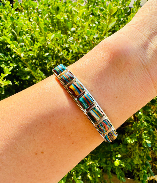 Sterling Silver Rainbow Cadillac Calsilica Cuff Bracelet