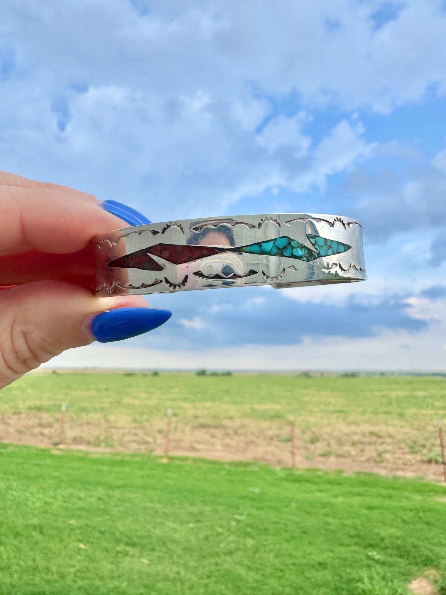 Vintage Sterling Silver Signed Turquoise and Coral Cuff Bracelet