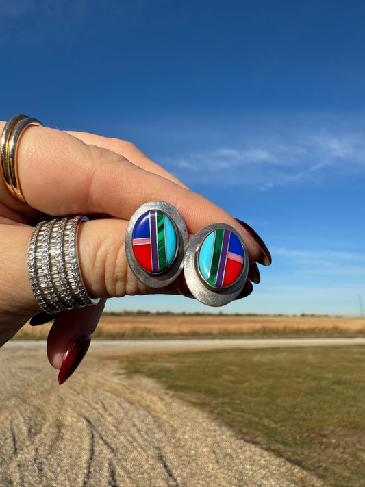 Vintage Native Sterling Multi-Stone Inlay Stud Earrings