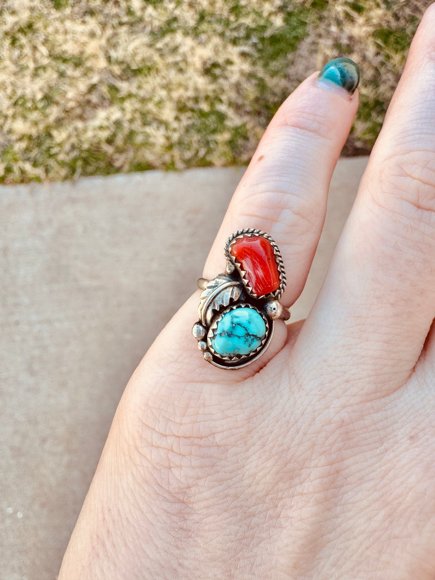 Native Sterling Silver Coral and Turquoise Ring