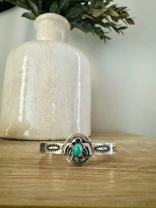 Vintage Native American Sterling Silver Baby Thunderbird Turquoise Cuff Bracelet