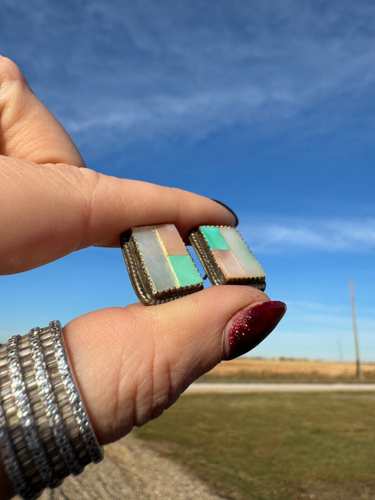 Vintage Mother of Pearl and Turquoise Stud Earrings