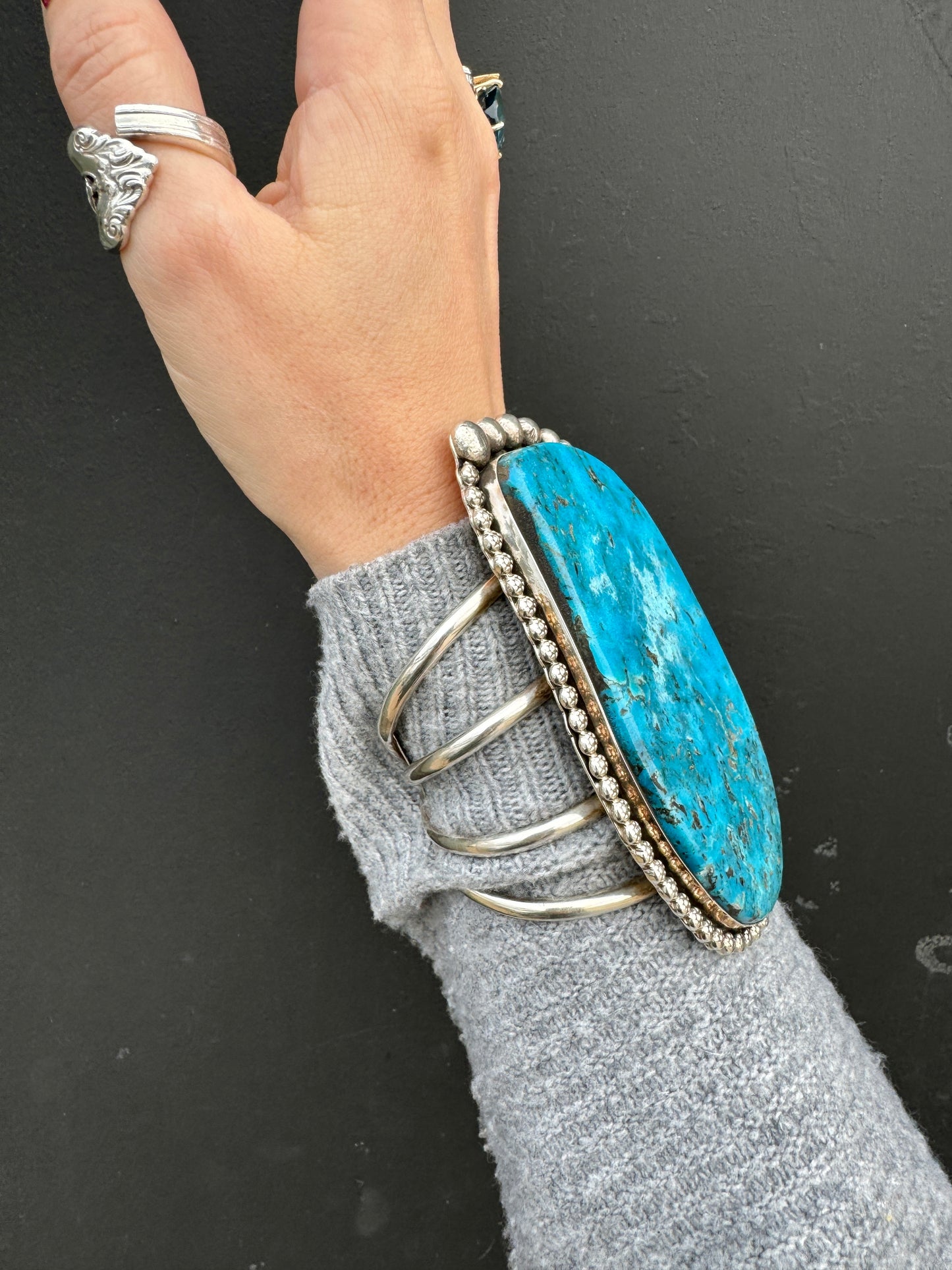 GORGEOUS Large Sterling signed Turquoise Slab Cuff Bracelet