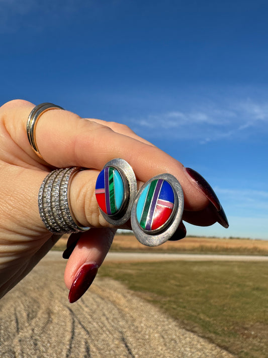 Vintage Native Sterling Multi-Stone Inlay Stud Earrings