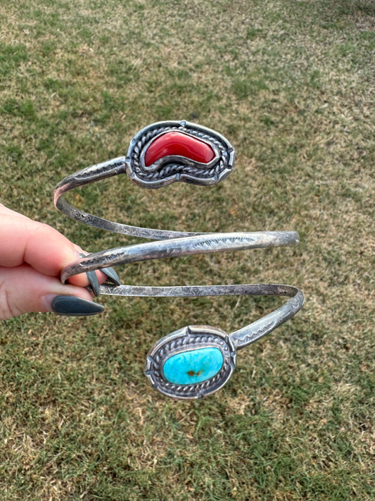 Vintage Sterling Silver Handmade Native American Coral and Turquoise Wrist/Arm Wrap Bracelet