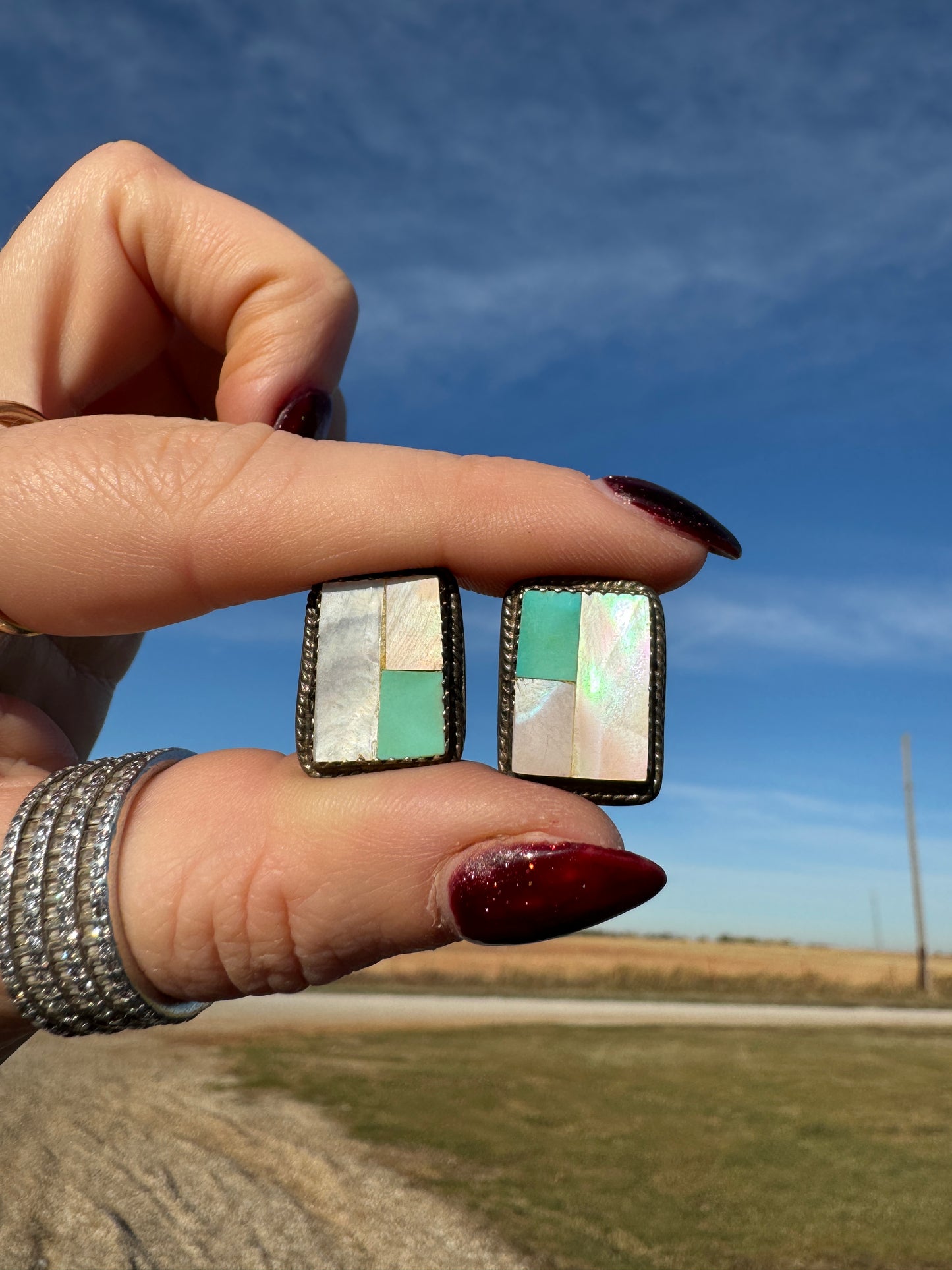 Vintage Mother of Pearl and Turquoise Stud Earrings