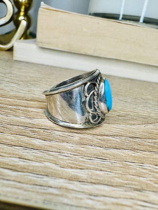 Vintage Sterling Silver Wide Turquoise Band Ring