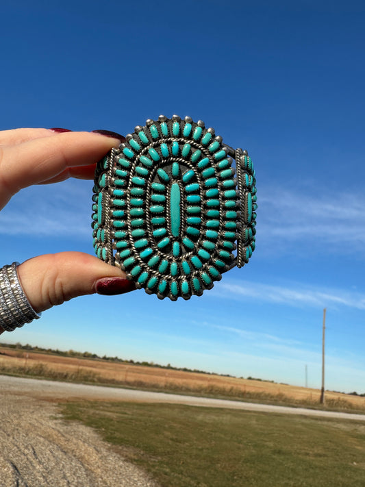 AMAZING Vintage Zuni Cluster Handmade Sterling Turquoise Signed Cuff Bracelet