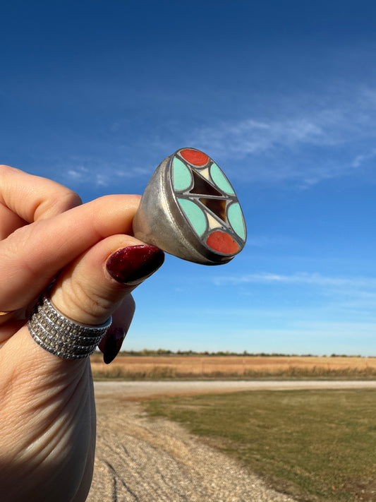 Large Vintage Sterling Native Inlay Ring