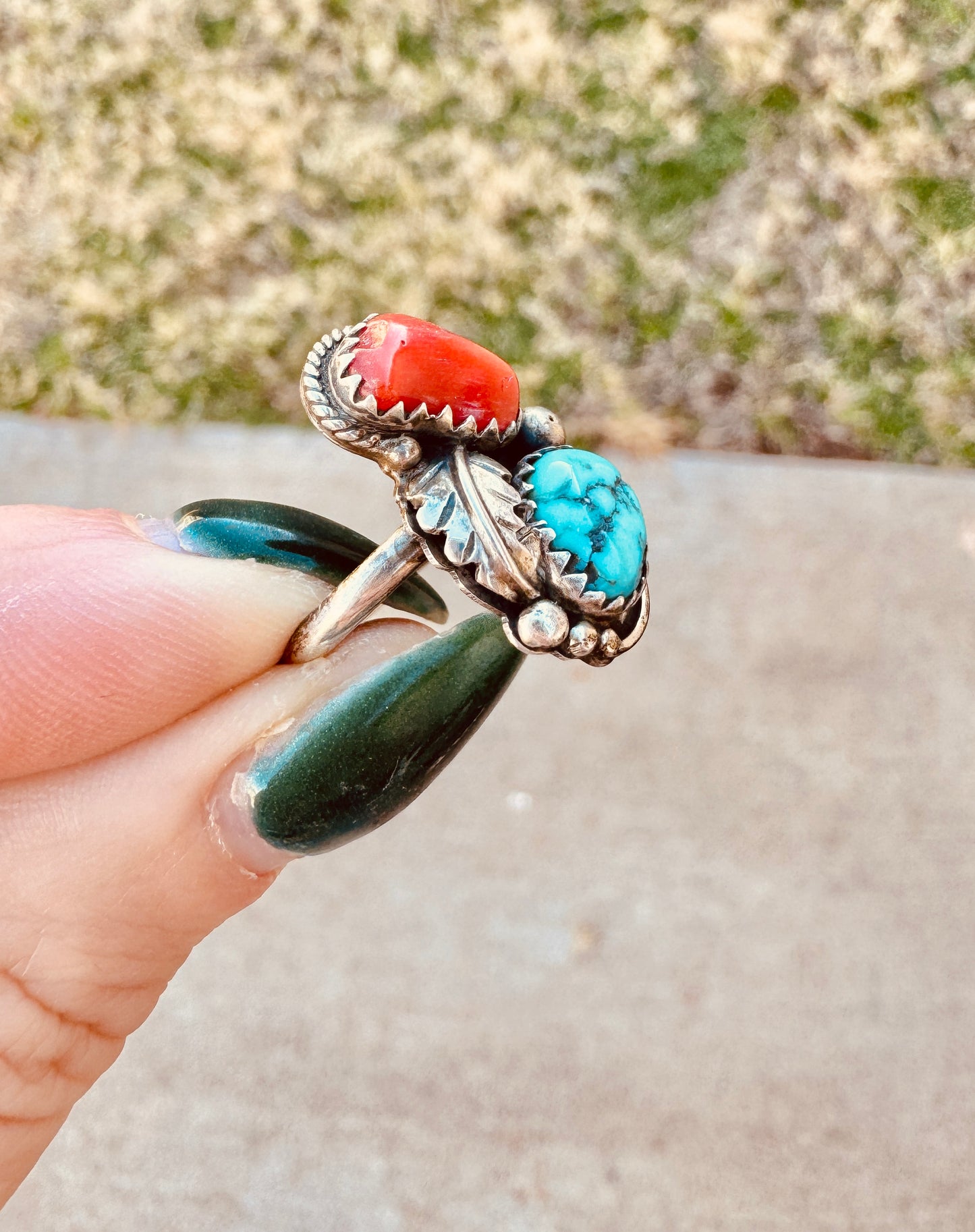 Native Sterling Silver Coral and Turquoise Ring