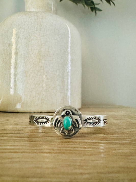 Vintage Native American Sterling Silver Baby Thunderbird Turquoise Cuff Bracelet