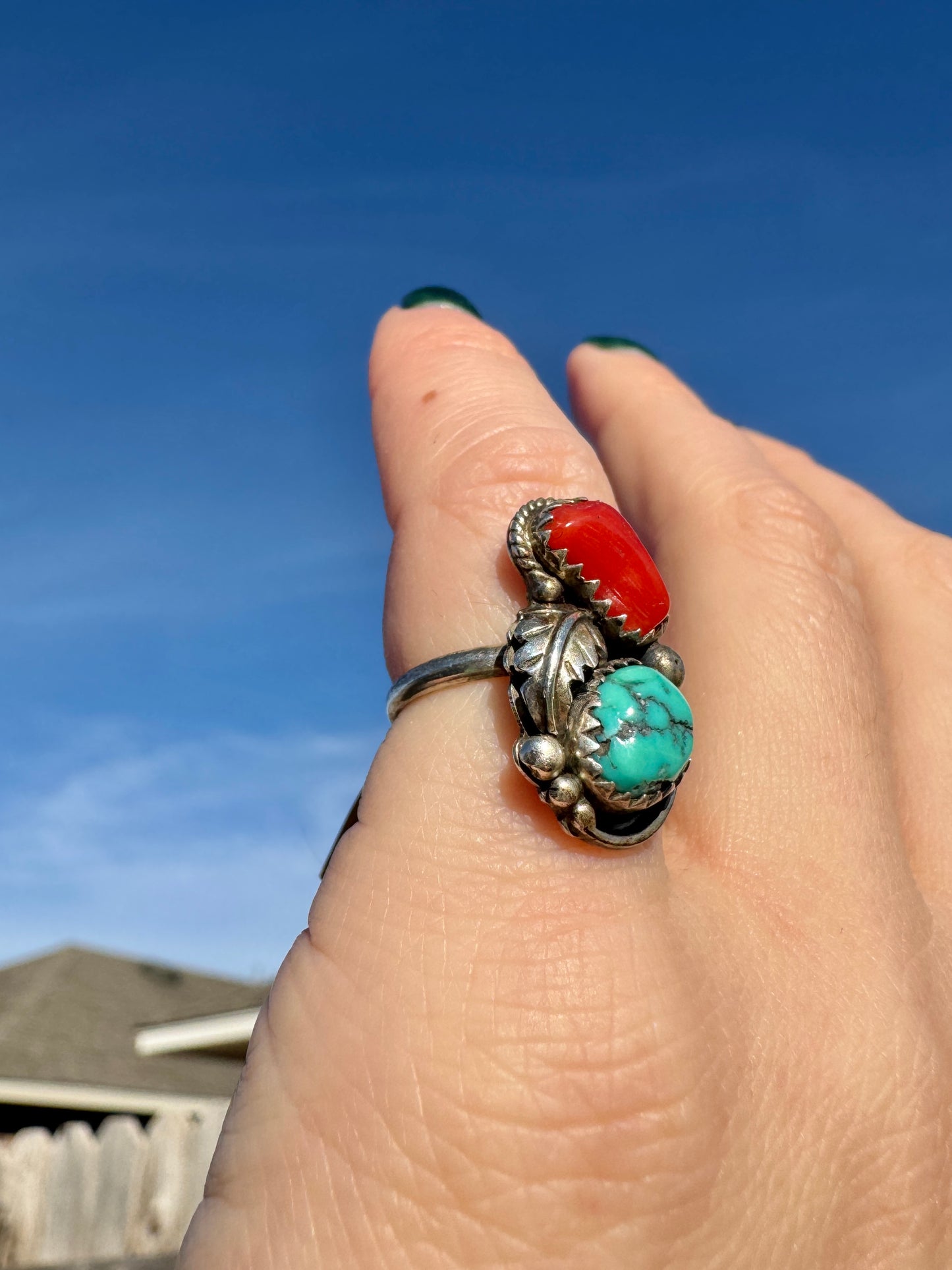 Native Sterling Silver Coral and Turquoise Ring