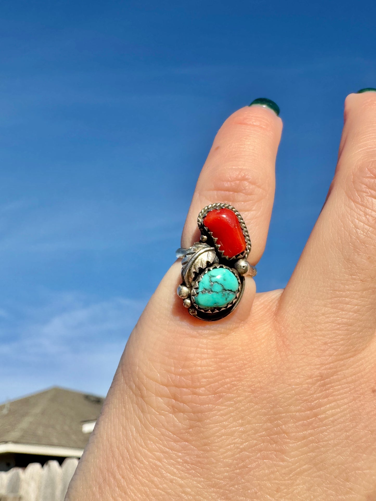 Native Sterling Silver Coral and Turquoise Ring