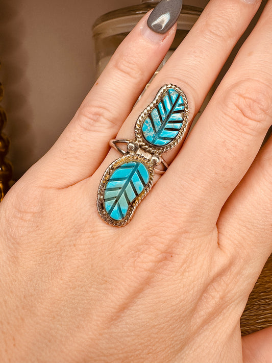 Vintage Native American Handmade Sterling Silver Feather Turquoise Ring