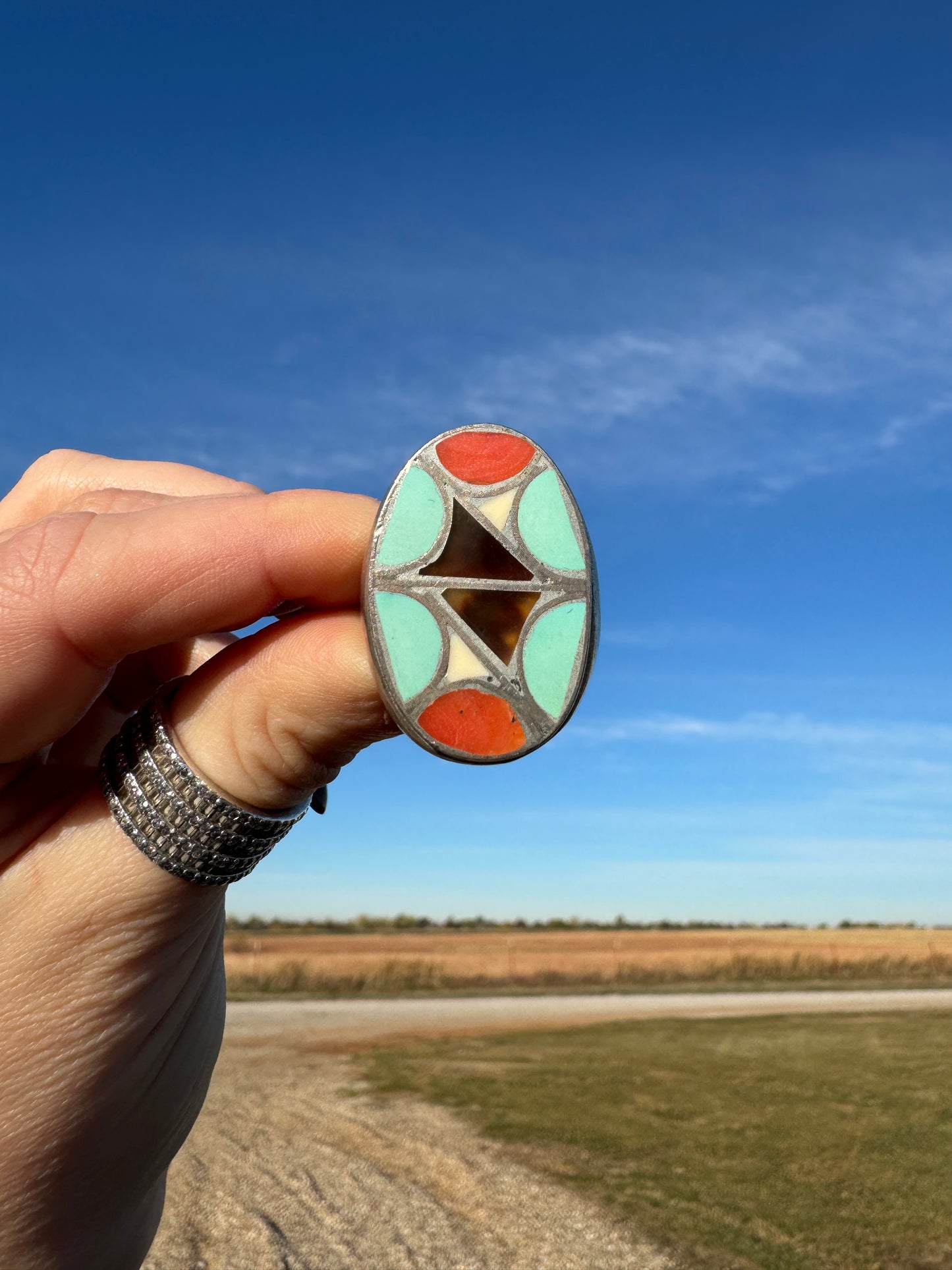 Large Vintage Sterling Native Inlay Ring