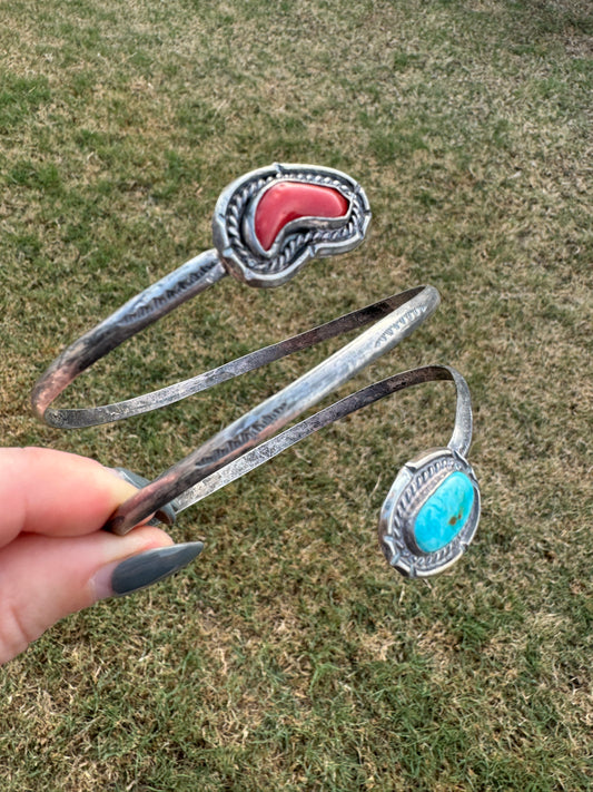 Vintage Sterling Silver Handmade Native American Coral and Turquoise Wrist/Arm Wrap Bracelet