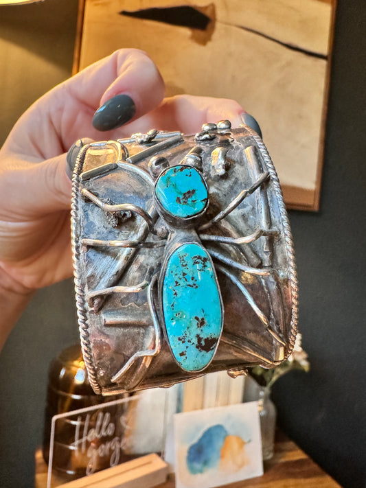 Vintage Sterling Silver Spider And Web Turquoise Cuff