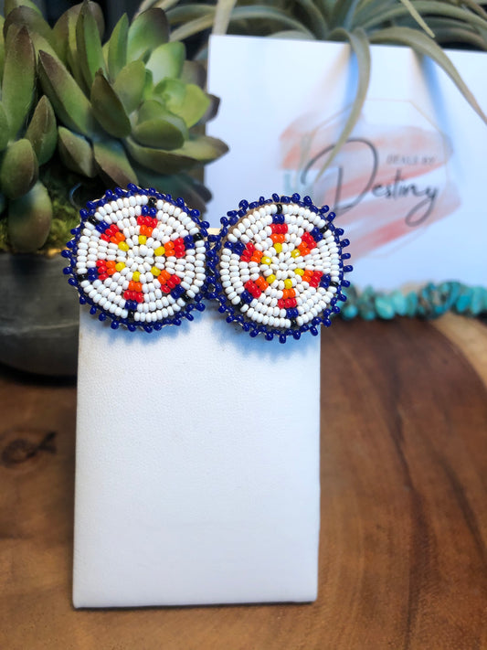 Authentic Handmade Vintage Navy Blue Seed Bead Rosette Earrings