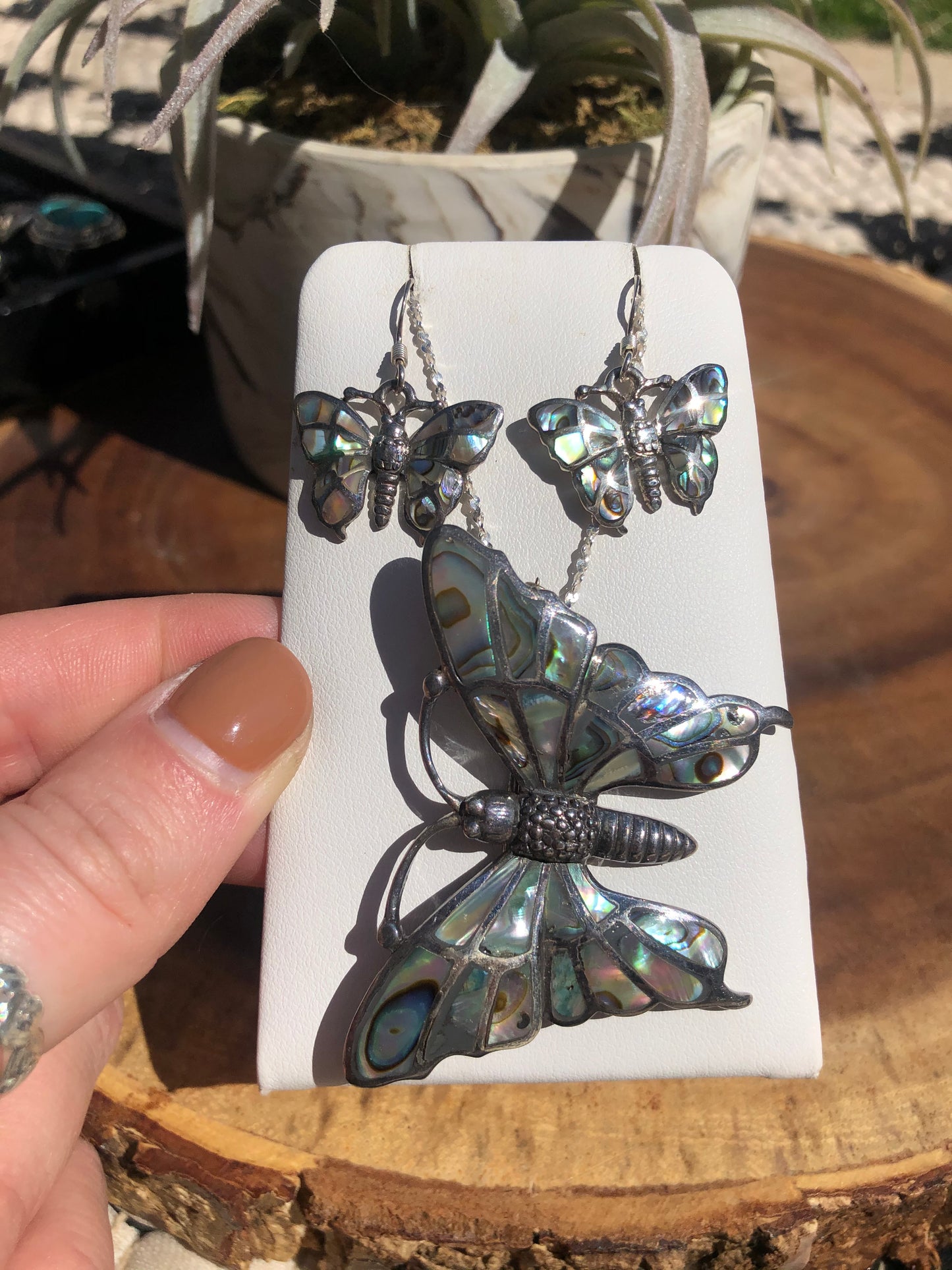 Vintage Sterling Silver Abalone Butterfly Pin and Earring Matching Set