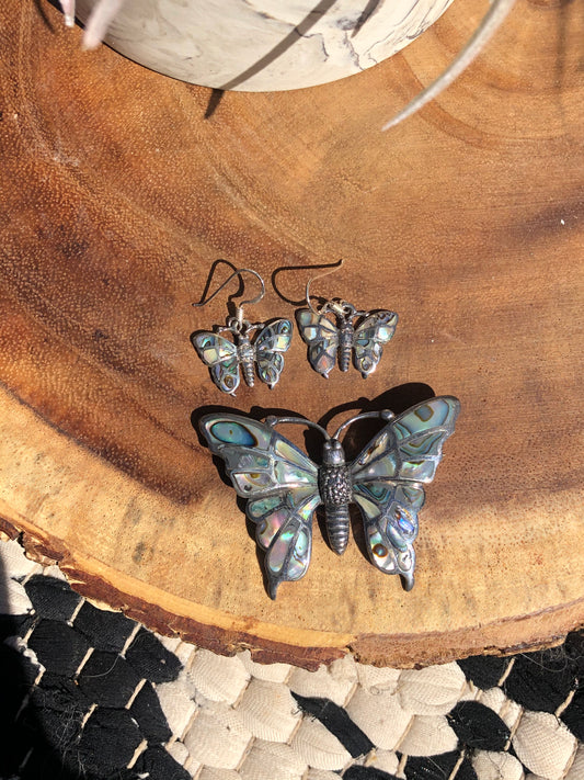 Vintage Sterling Silver Abalone Butterfly Pin and Earring Matching Set