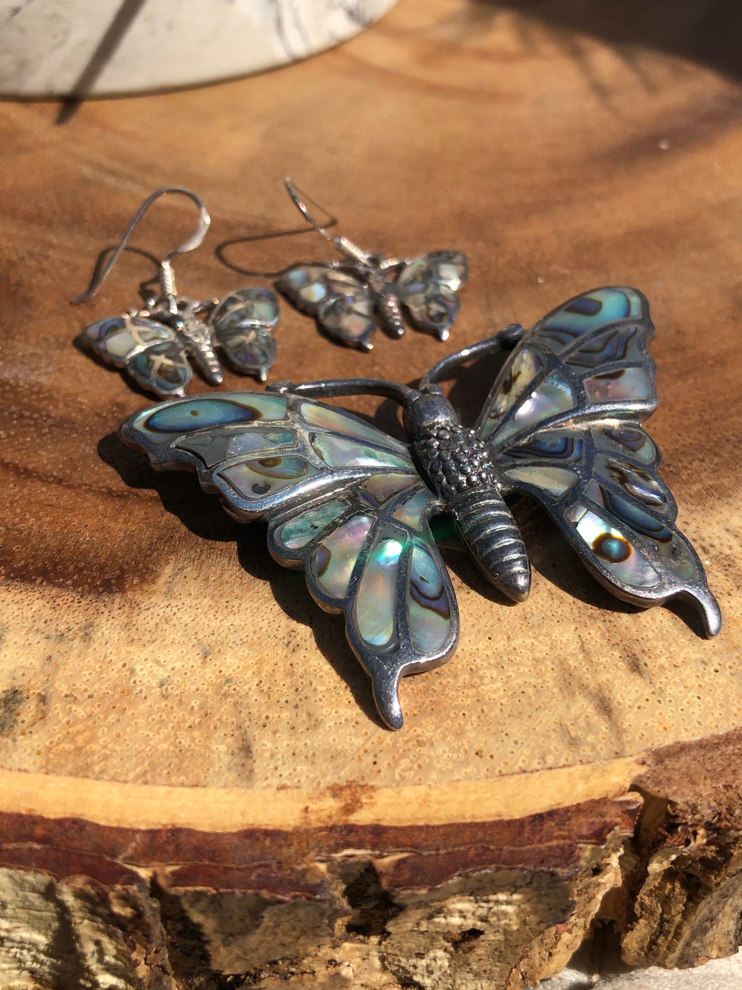 Vintage Sterling Silver Abalone Butterfly Pin and Earring Matching Set