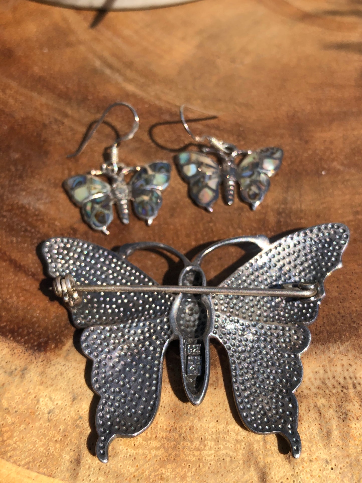 Vintage Sterling Silver Abalone Butterfly Pin and Earring Matching Set