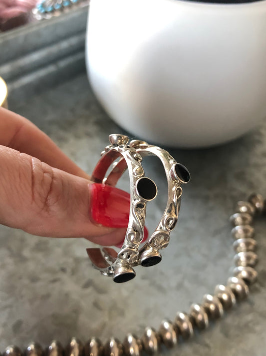 Vintage Black Onyx Sterling Silver Hoop Earrings