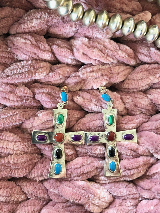 Vintage Sterling Silver Multi-Colored Stone Cross Earrings