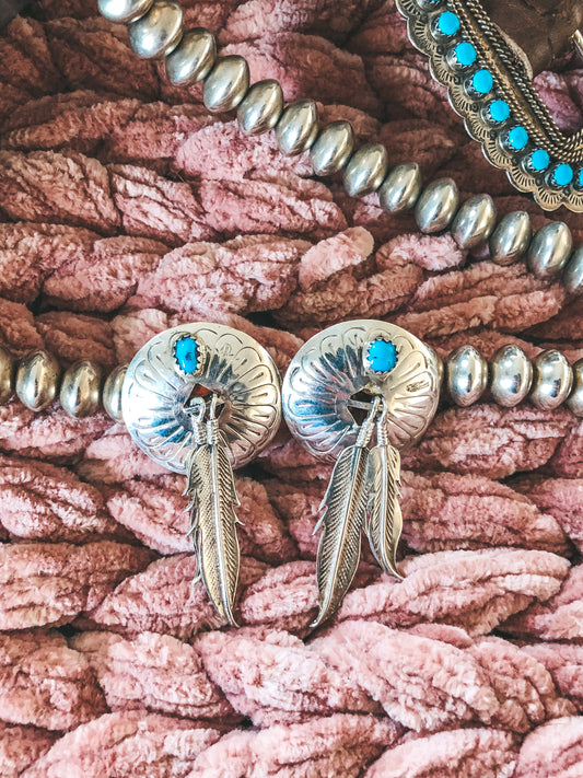 Feather and Turquoise Vintage Sterling Earrings