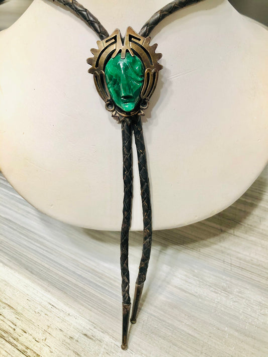 Old Pawn Vintage Brass + Silver Malachite Stone Face Bolo Tie