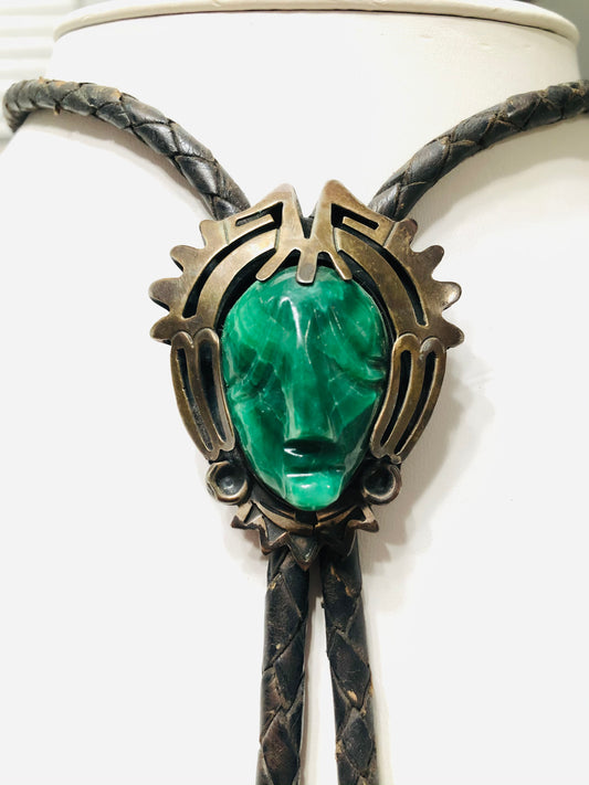 Old Pawn Vintage Brass + Silver Malachite Stone Face Bolo Tie