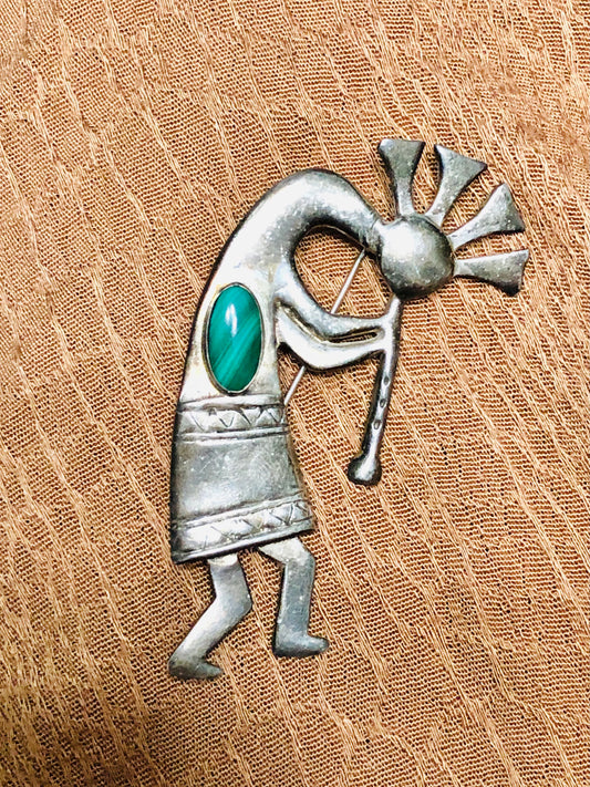 Old Vintage Sterling Silver Malachite Kokopelli Pin + Pendant