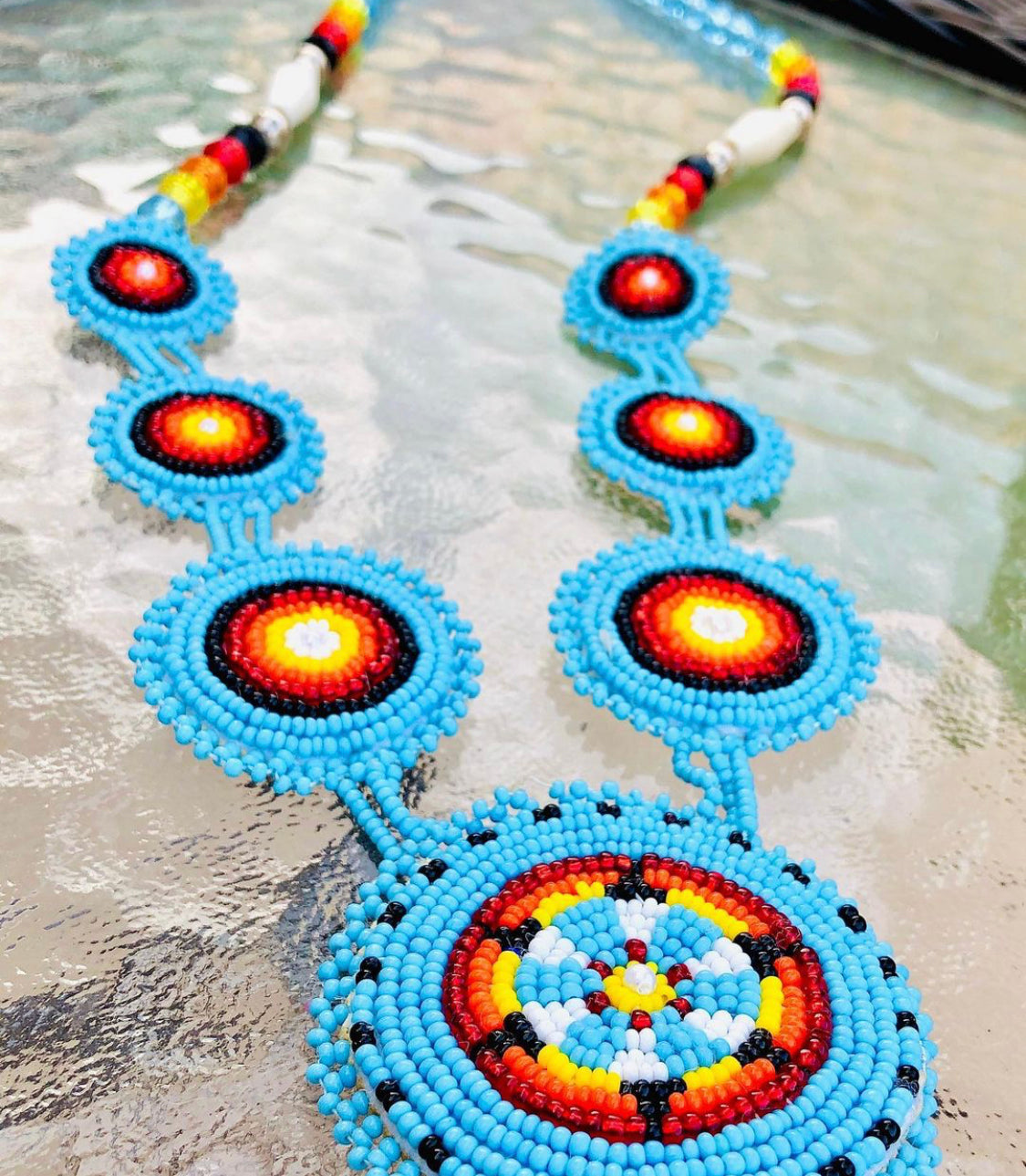 Authentic Handmade Turquoise Seed Bead Rosette Necklace