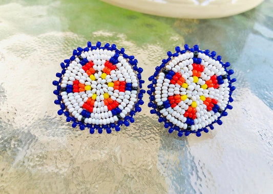 Authentic Handmade Vintage Navy Blue Seed Bead Rosette Earrings